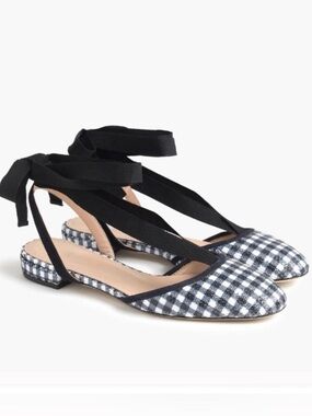 J Crew Gingham Sequin Lily Ankle Wrap Ballet 8.5 Flats Navy White Sequined